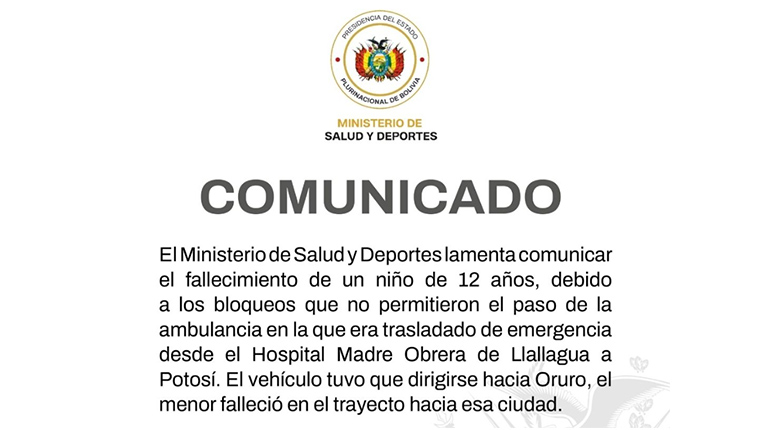 Bloqueos ocasionan muerte de un niño en Llallagua