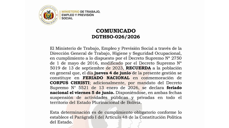 Gobierno ratifica feriados de este jueves y viernes